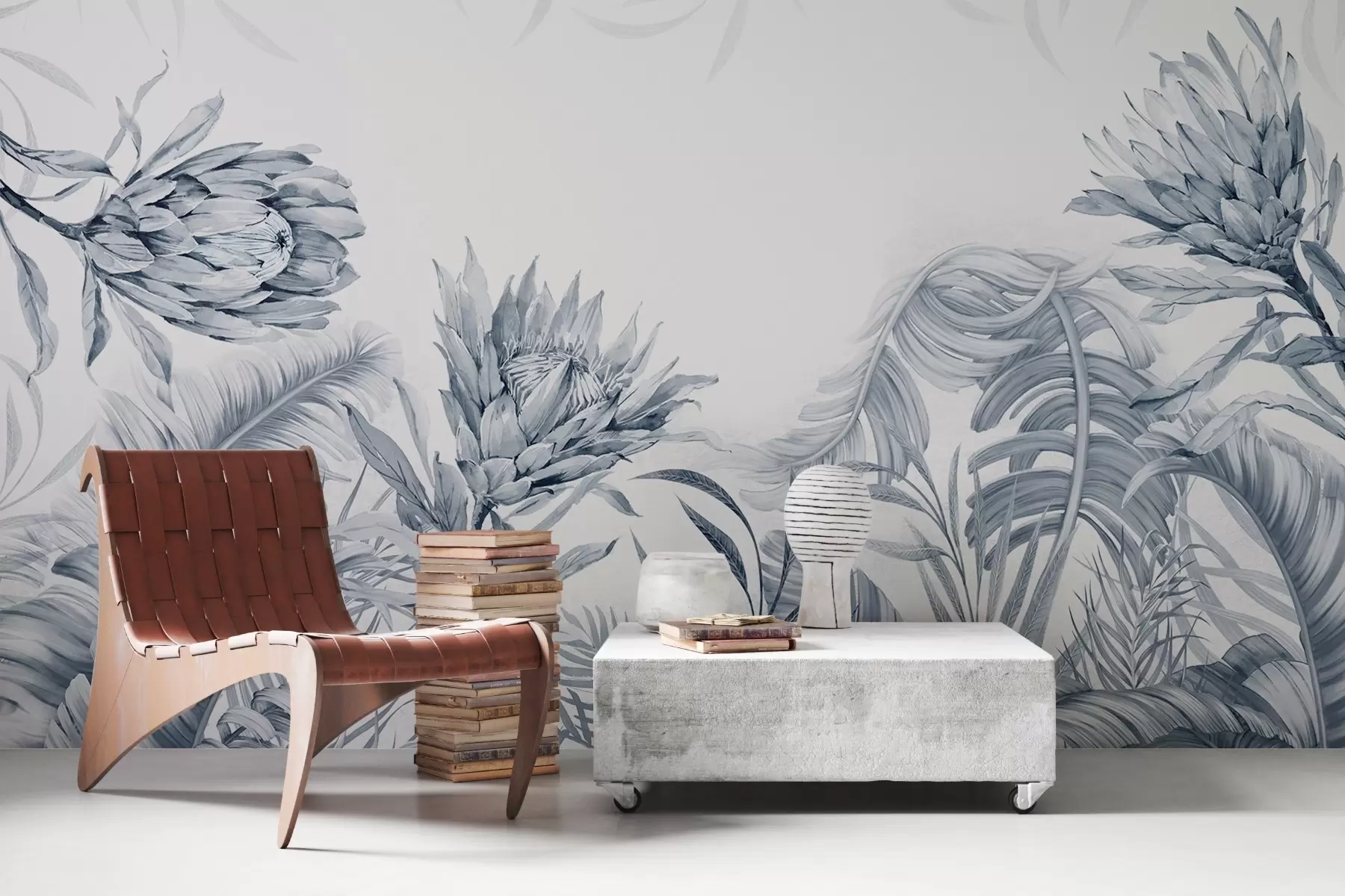 peintures murales Protea parmi des feuilles tropicales, nuances de vert w03952v2