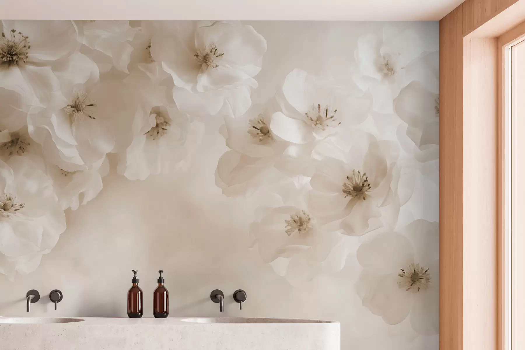 wall murals Delicate large flowers, shades of beige w03931v2