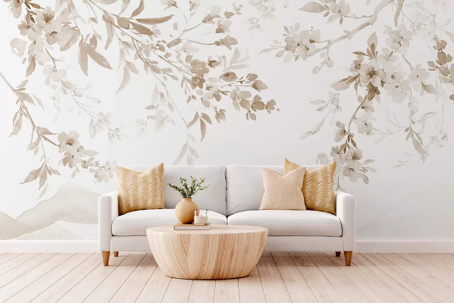 Wall Mural Photo Wallpaper Flowering branches, imitation of watercolor, beige shades w03935v2