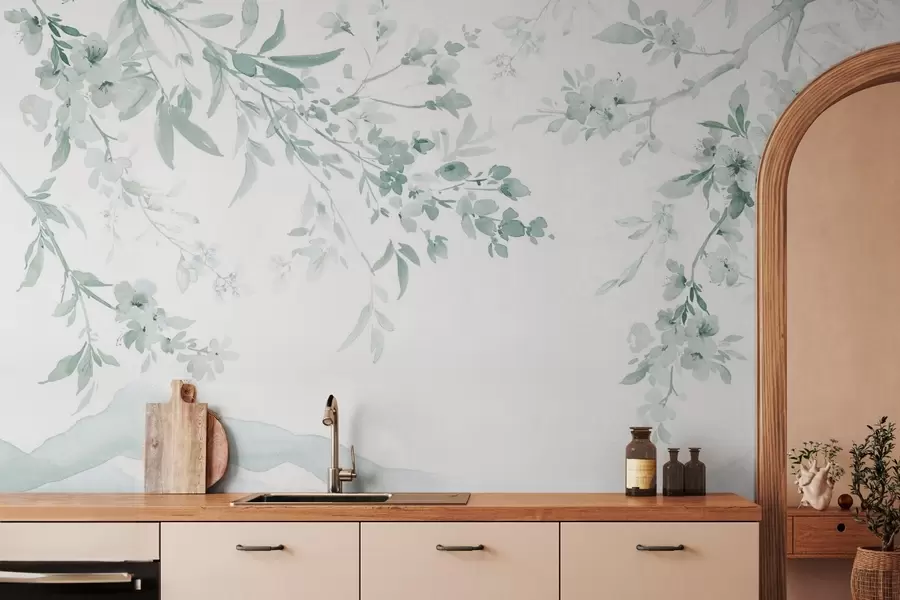 Wall Mural Photo Wallpaper Flowering branches, imitation of watercolor, green shades w03935v3