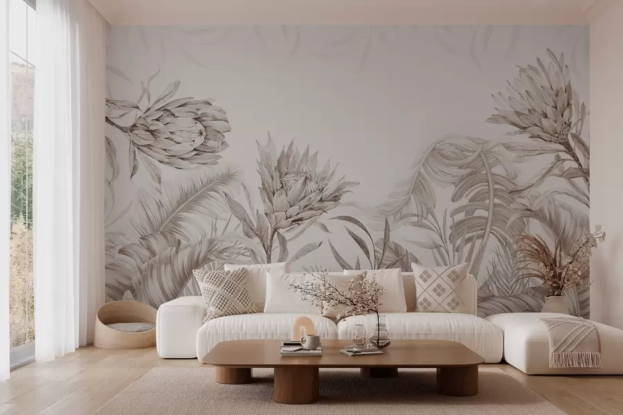 murais de parede Protea entre folhas tropicais, tons de bege w03952