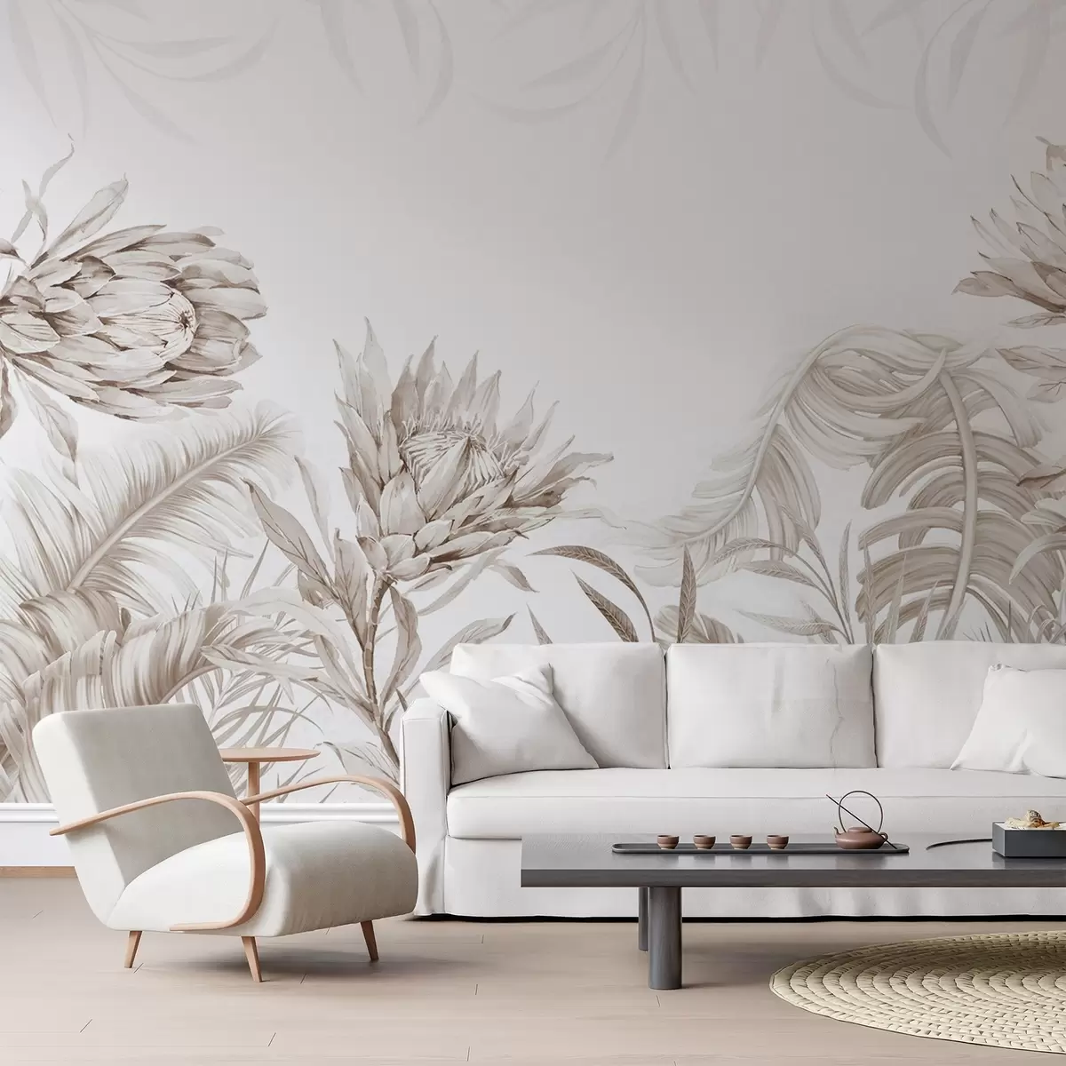 Wall Mural Photo Wallpaper Protea among tropical leaves, beige shades w03952