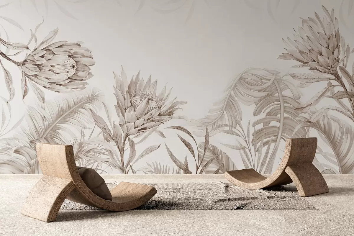 murales Protea entre hojas tropicales, tonos beige w03952