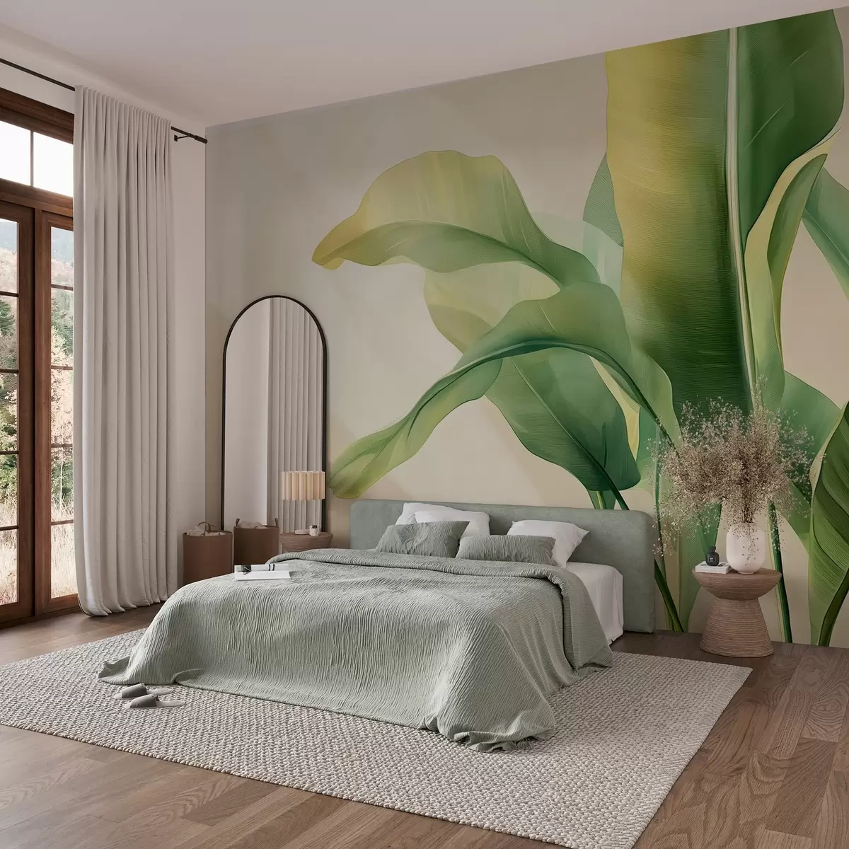 murales grandes hojas tropicales verdes al lado w03959