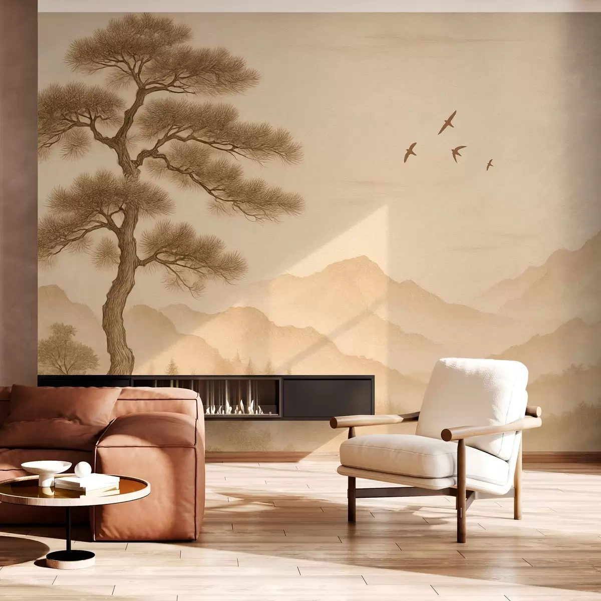 peintures murales panorama des collines avec un grand arbre en style sépia w04033