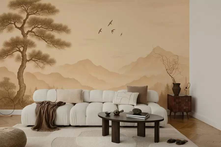 wall murals panorama of the hills with a large tree in sepia style w04033