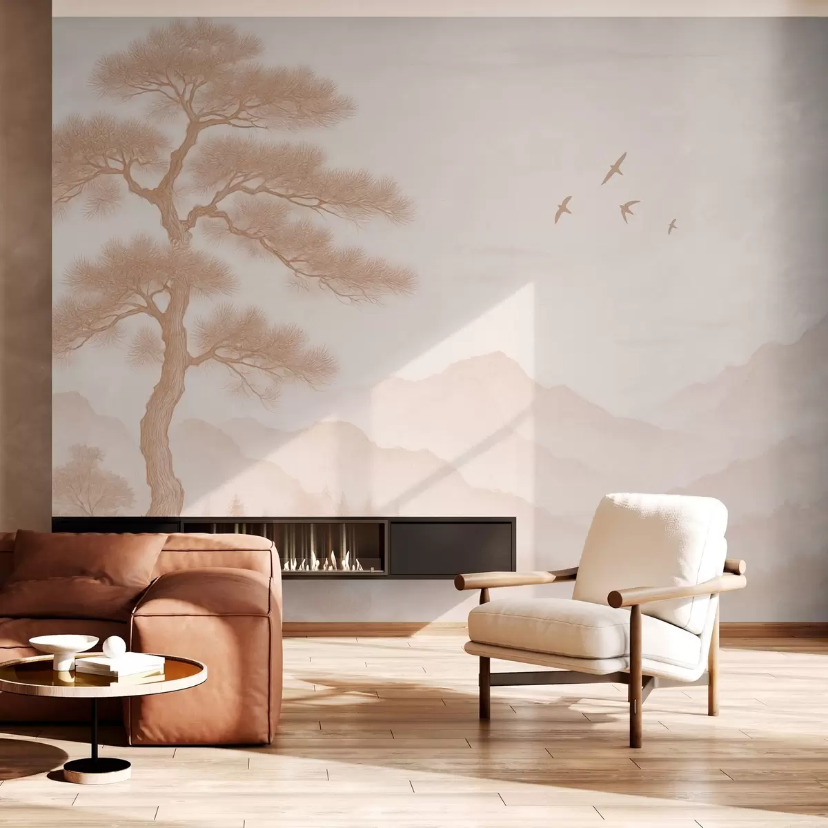 Wall Mural Photo Wallpaper panorama of hills with a large tree in mocha shades w04033v1
