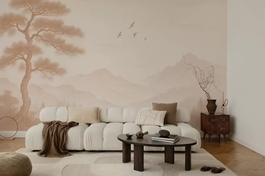 wall murals panorama of hills with a large tree in mocha shades w04033v1