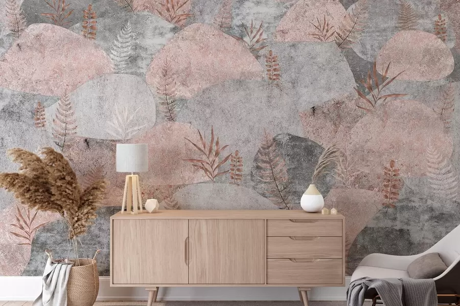 Wall Mural Photo Wallpaper Stones with plants, fern, nordic, rustic style, grey and pink colors w04064v1