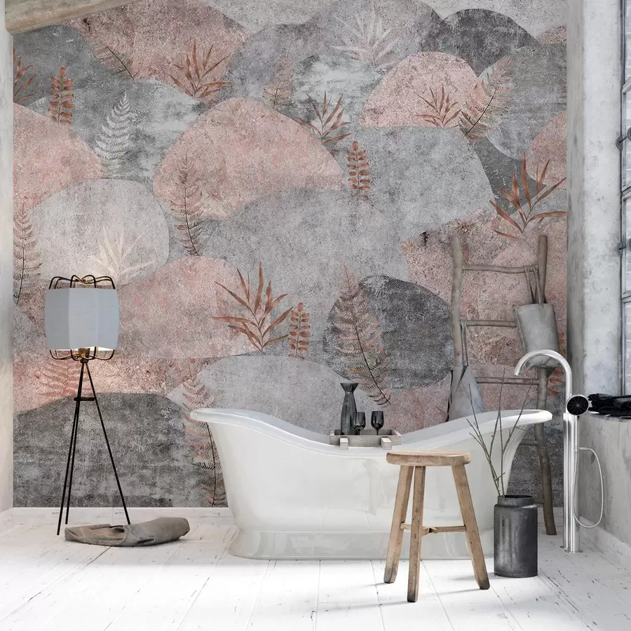 Wall Mural Photo Wallpaper Stones with plants, fern, nordic, rustic style, grey and pink colors w04064v1