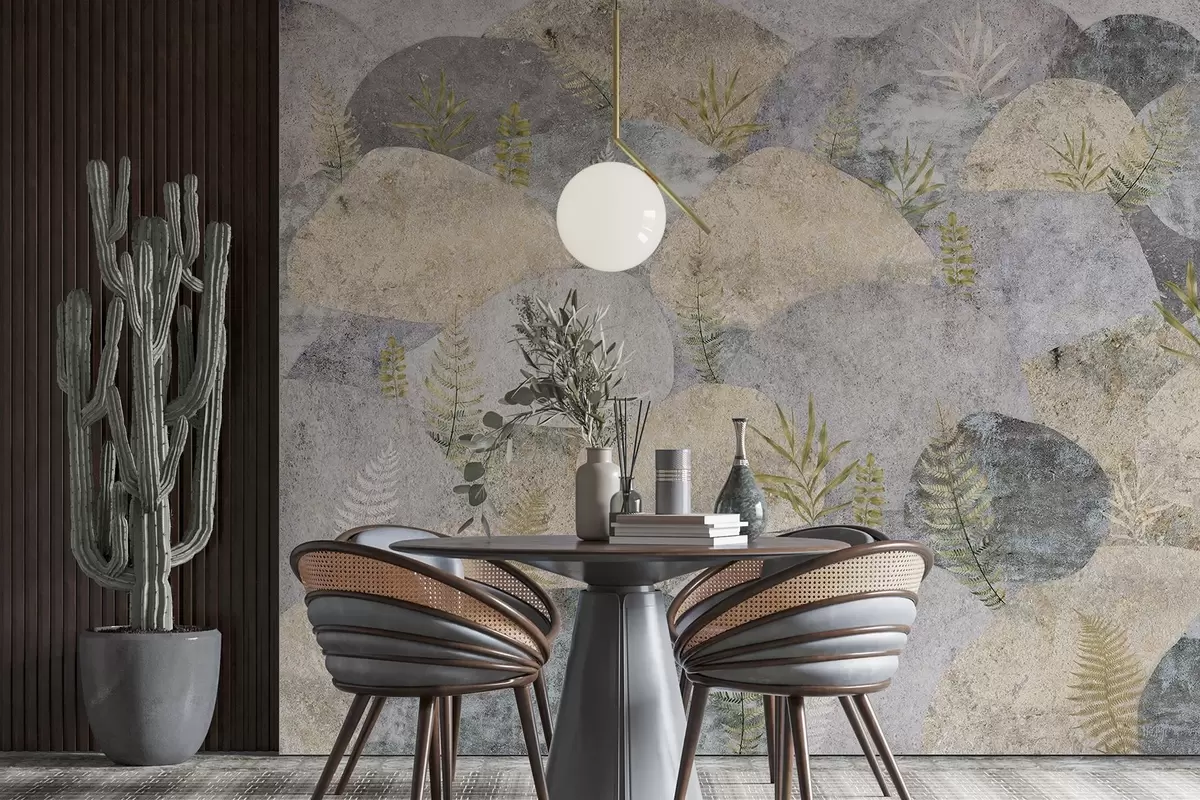 murales Piedras con plantas, helecho, nórdico, estilo rústico, colores gris y arena w04064