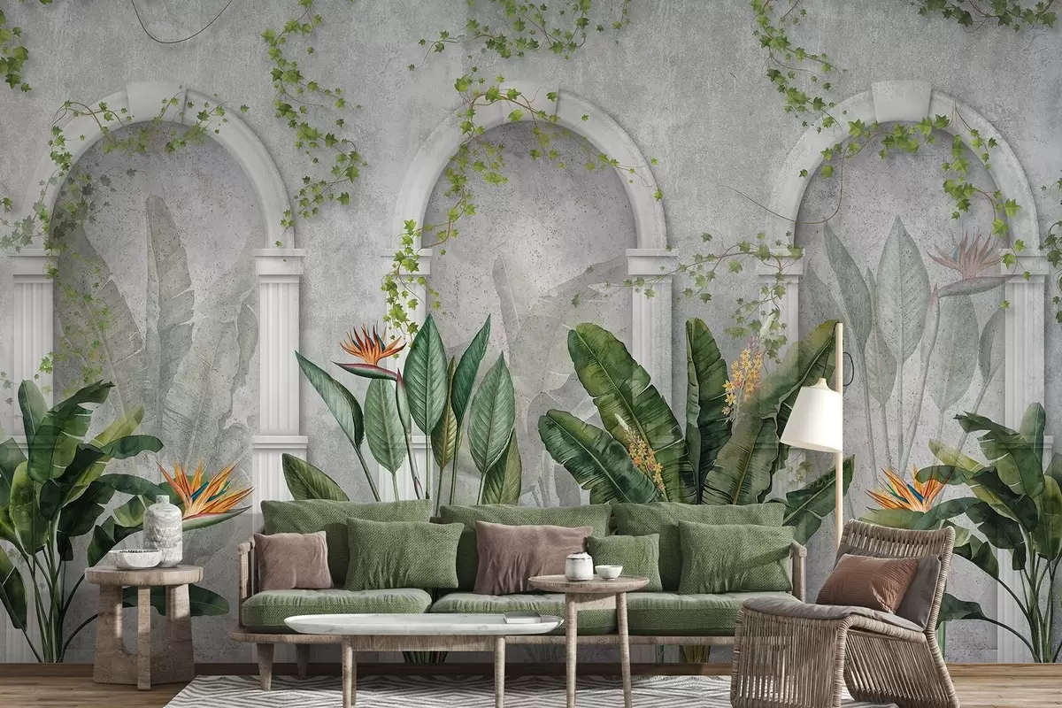 wall murals Concrete wall with arches and tropical plants, floral, natural colors w04065