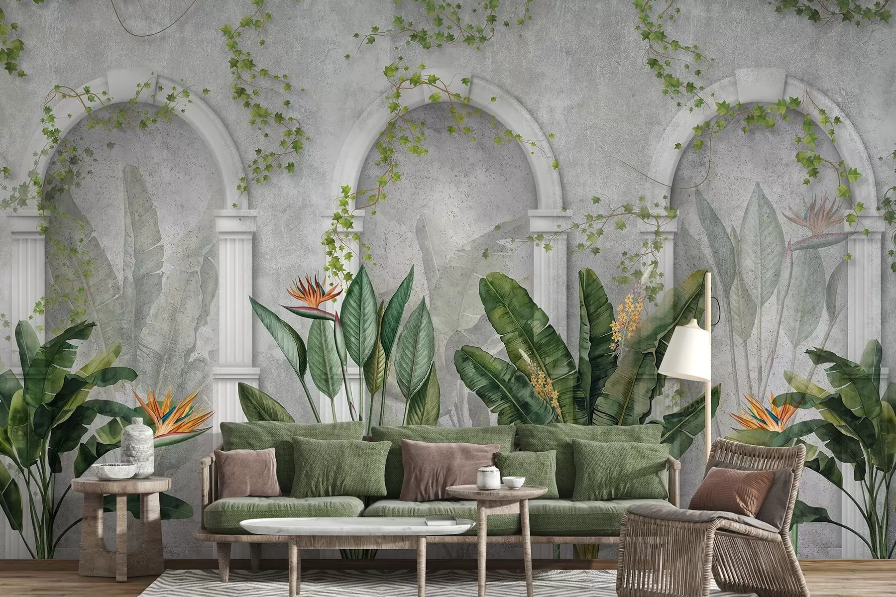 wall murals Concrete wall with arches and tropical plants, floral, natural colors w04065