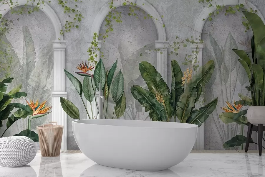 wall murals Concrete wall with arches and tropical plants, floral, natural colors w04065
