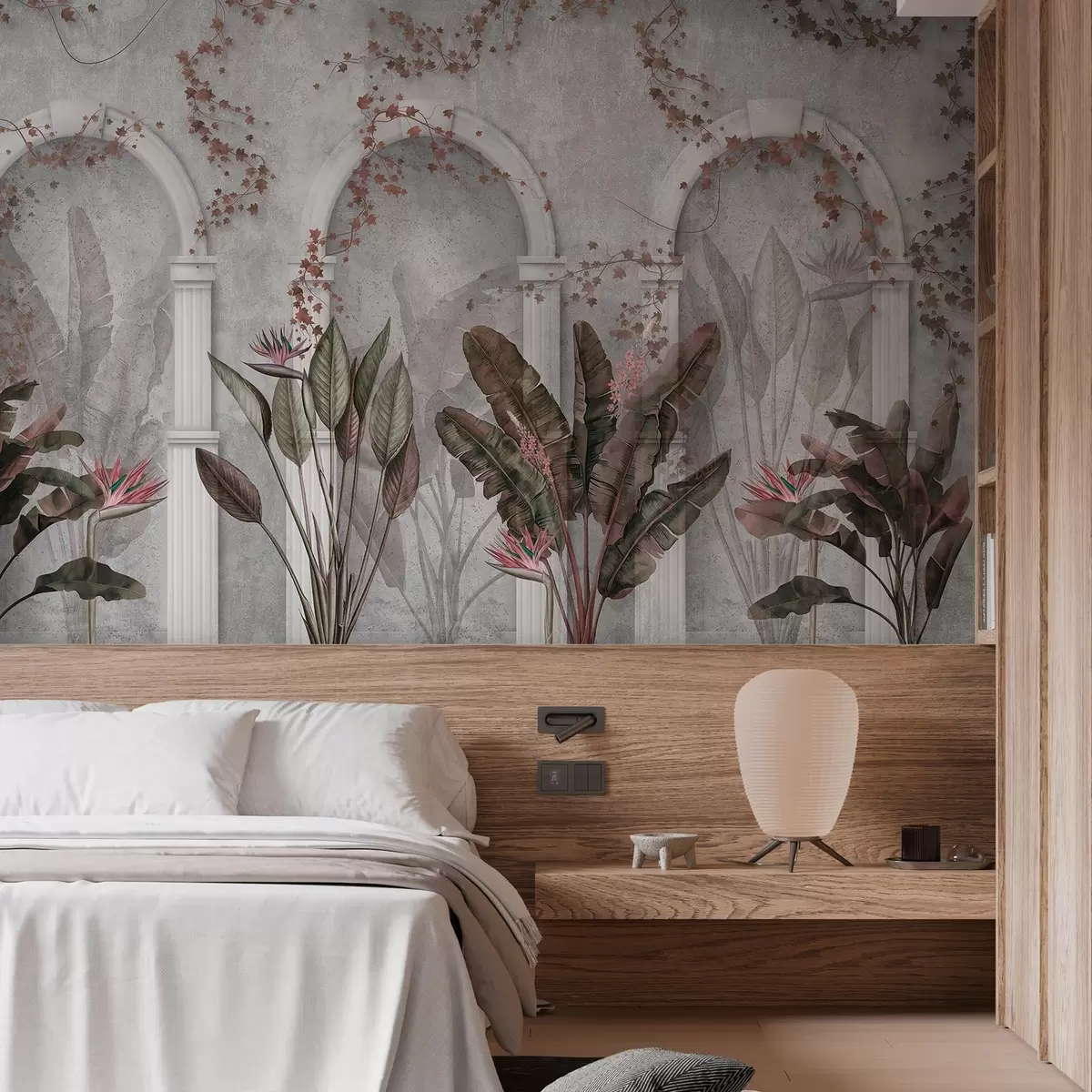 murales Muro de hormigón con arcos y plantas tropicales, florales, colores burdeos w04065v1