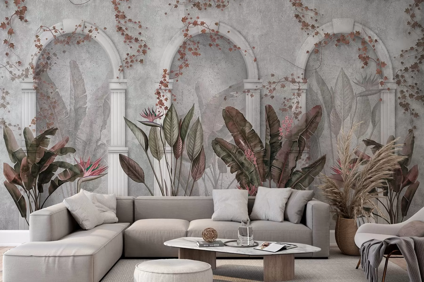 wall murals Concrete wall with arches and tropical plants, floral, burgundy colors w04065v1