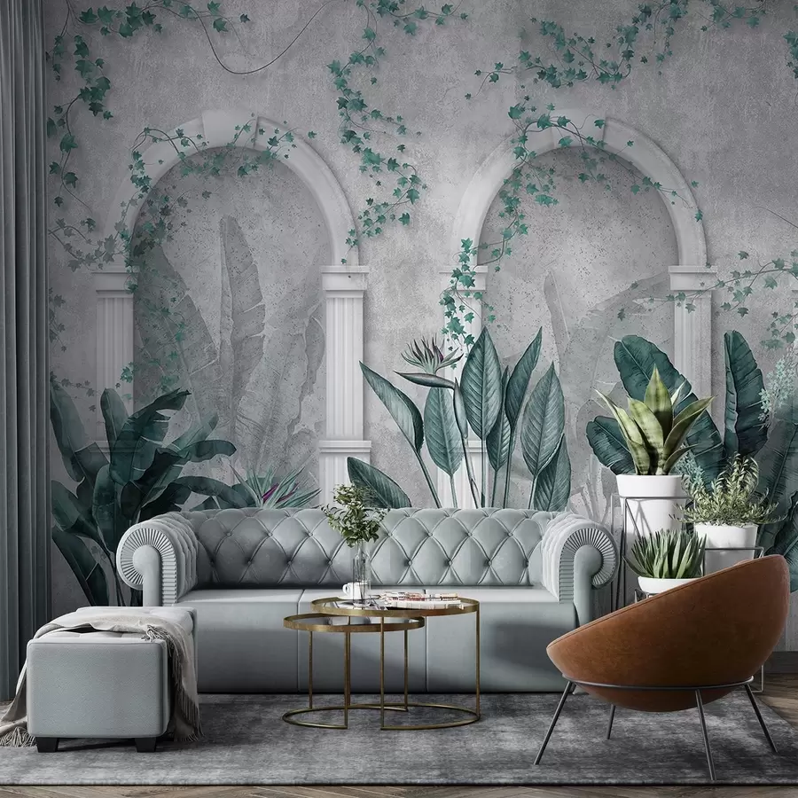 Wall Mural Photo Wallpaper Concrete wall with arches and tropical plants, floral, blue colors w04065v2