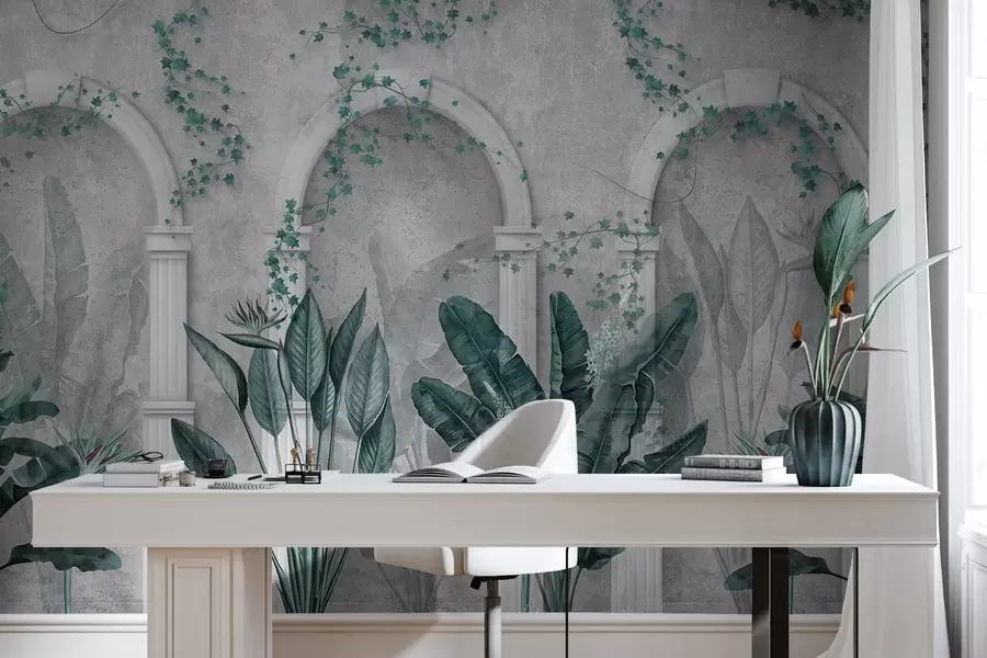 wall murals Concrete wall with arches and tropical plants, floral, blue colors w04065v2
