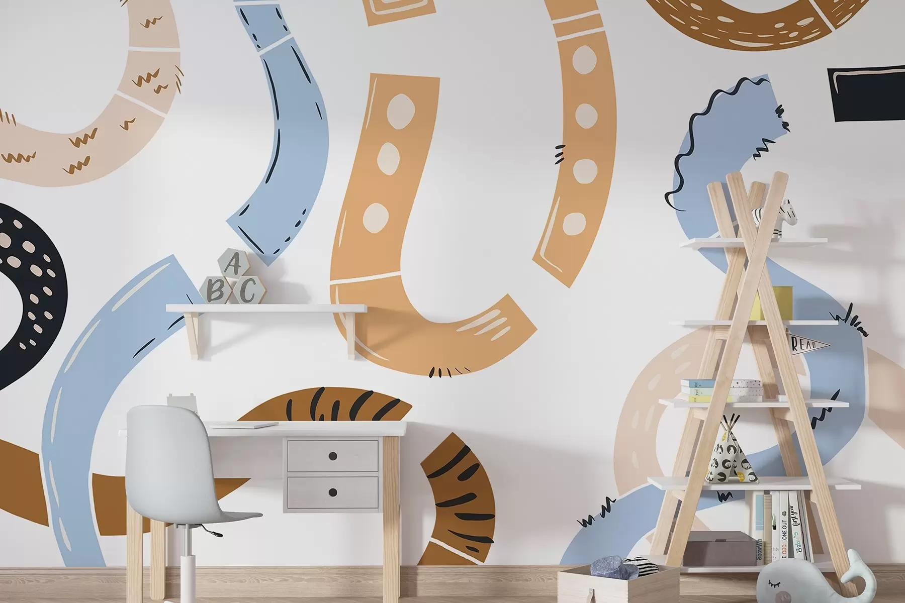 peintures murales Dessins abstraits, juvéniles, gribouillis, marron, bleu, rose w04066