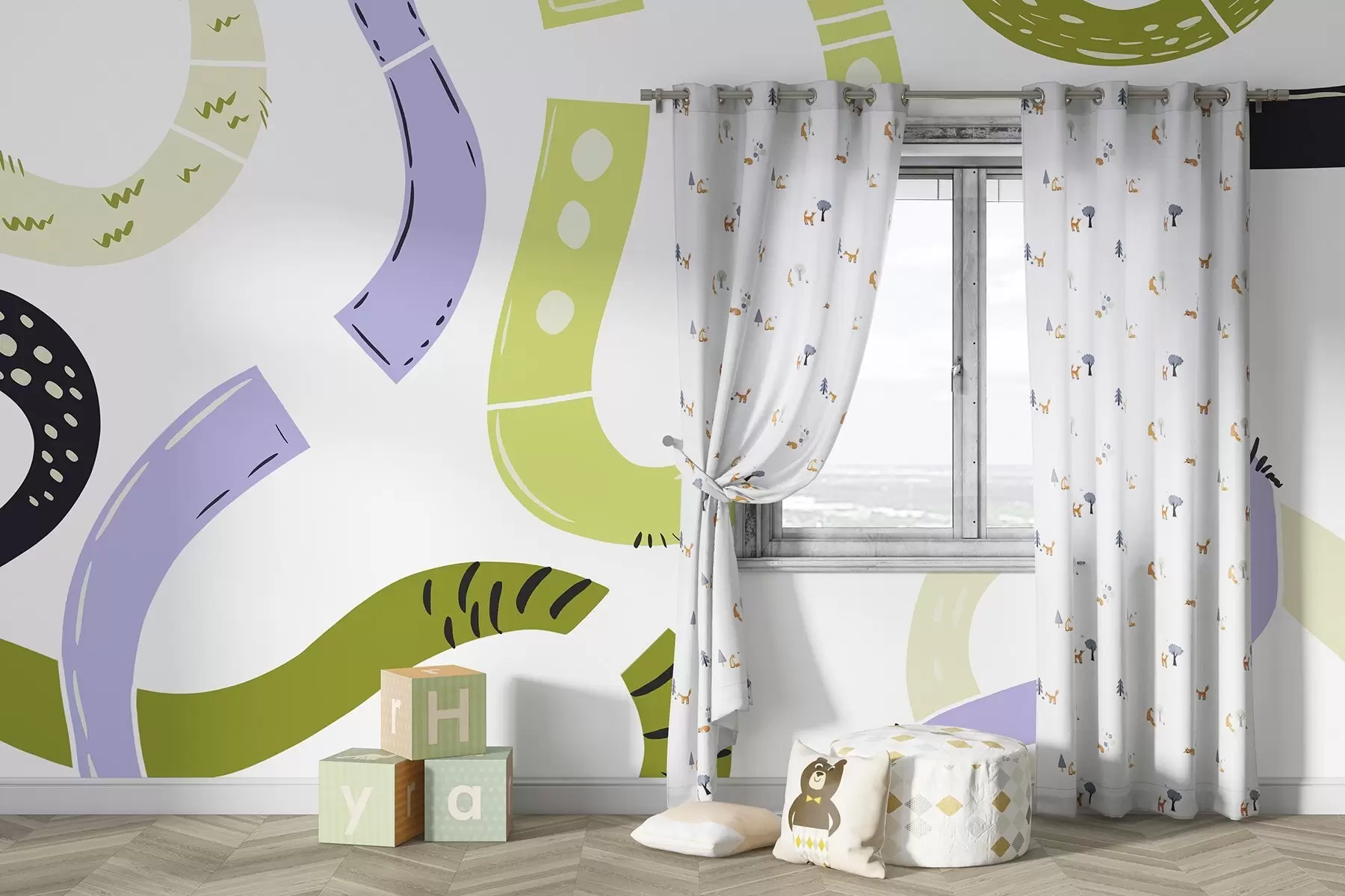 wall murals Abstract drawings, juvenile, doodles, green, purple w04066v1