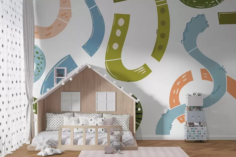 peintures murales Dessins abstraits, juvéniles, gribouillis, vert, bleu, rose w04066v2