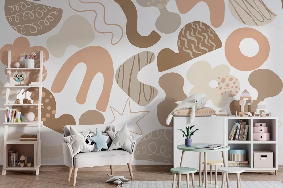 wall murals Geometric figures with doodles drawing, juvenile, beige color palette w04068