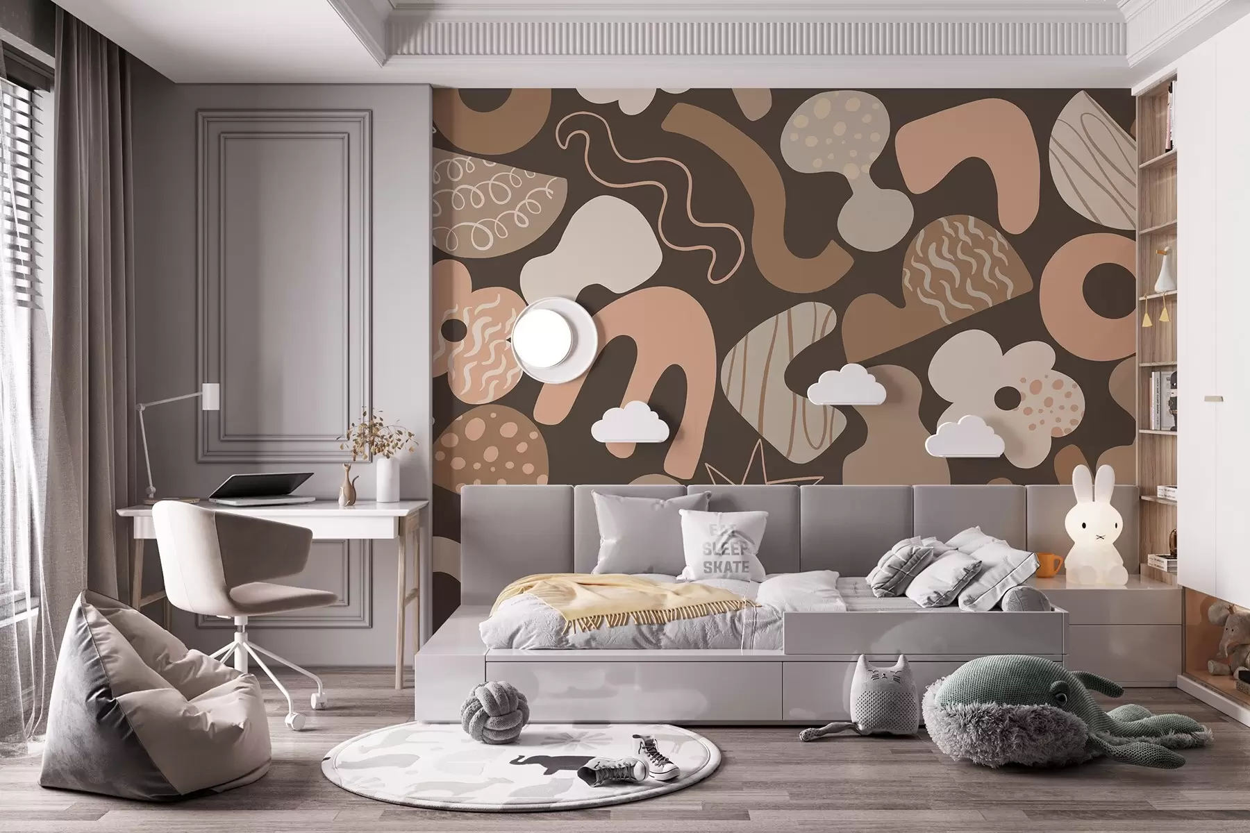 wall murals Geometric figures with doodles drawing, juvenile, dark beige background w04068v1