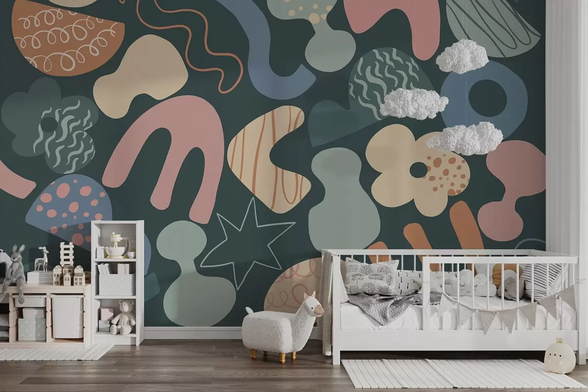 murales Figuras geométricas con garabatos dibujo, juvenil, fondo verde oscuro w04068v3