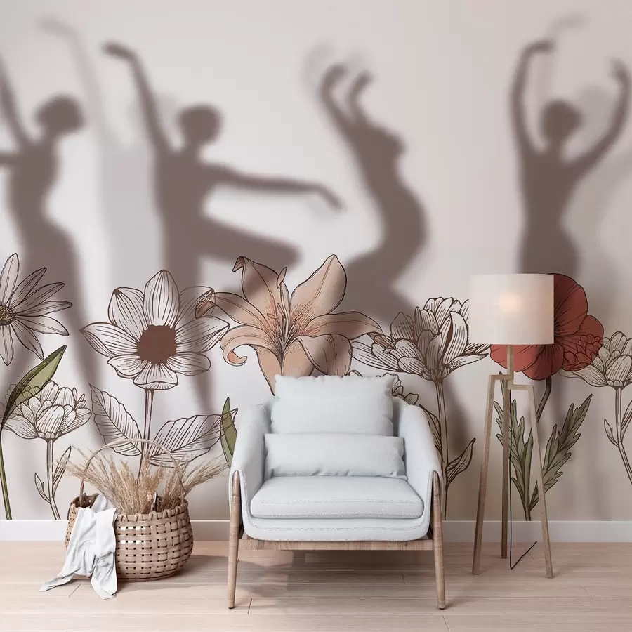 peintures murales Silhouettes de ballerines, fleurs rustiques, dessin au trait, couleurs rouge et beige w04069
