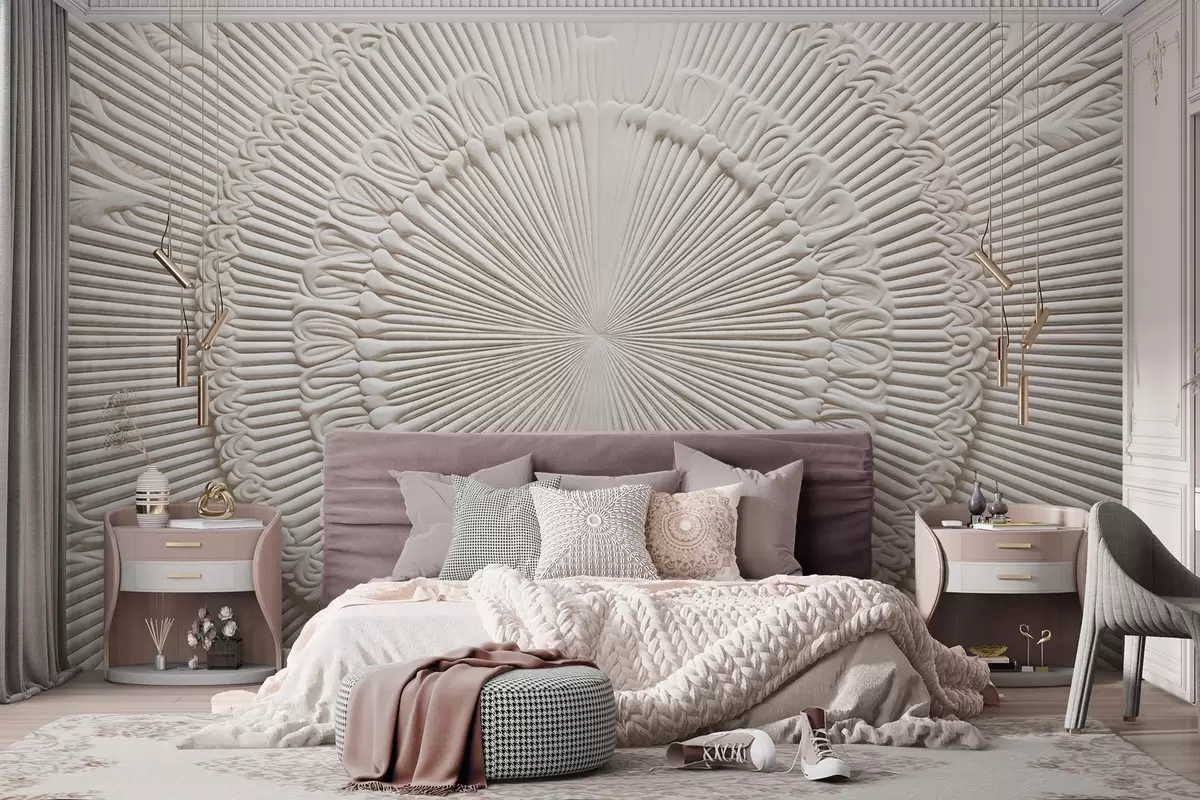 Wall Mural Photo Wallpaper Abstract textured circular print with radial lines and decorative elements, symmetrical design, relief texture w09154