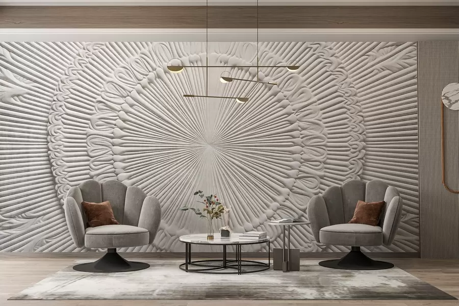 Wall Mural Photo Wallpaper Abstract textured circular print with radial lines and decorative elements, symmetrical design, relief texture w09154