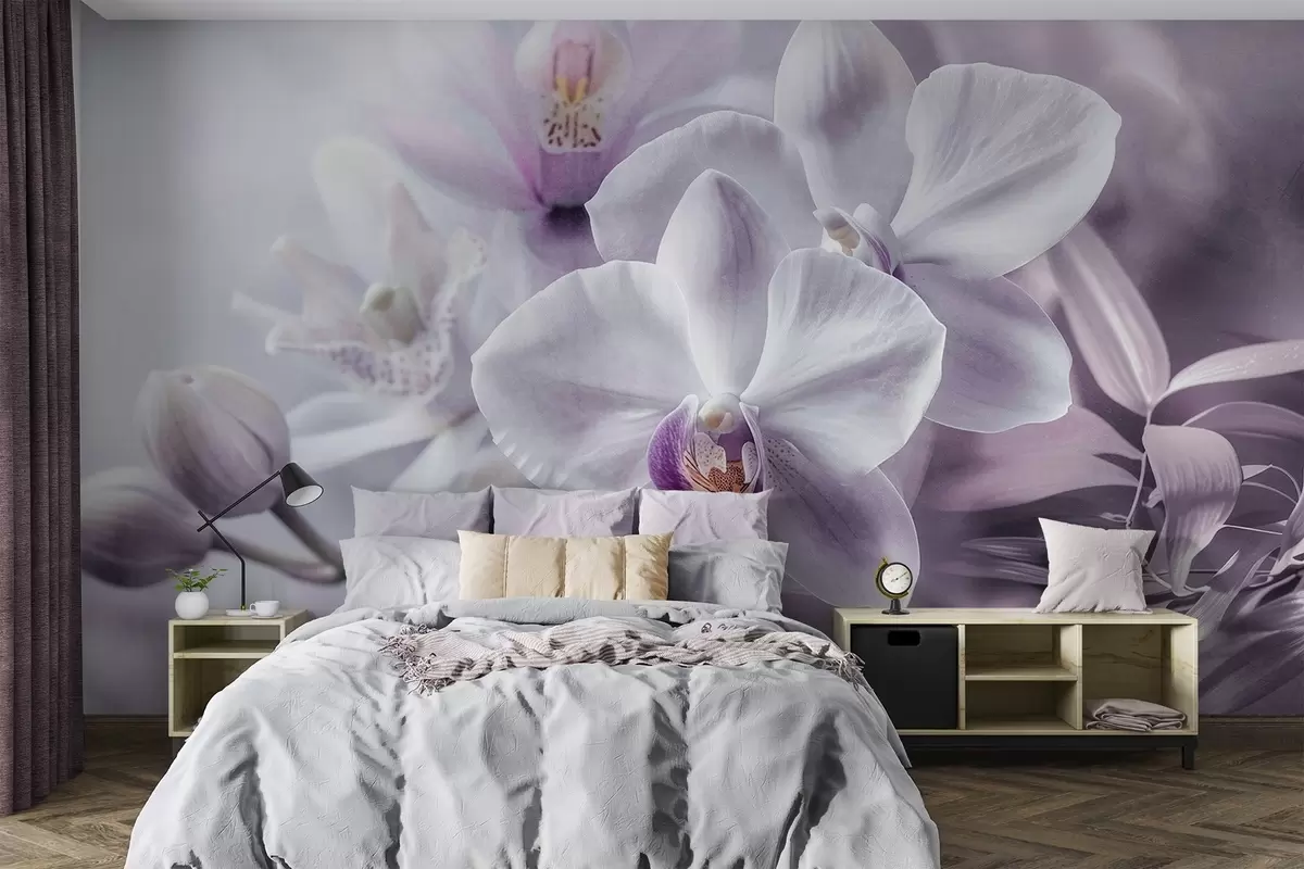 murales Delicadas flores de orquídea blancas y lilas, iluminación suave y fondo difuminado con textura w09155