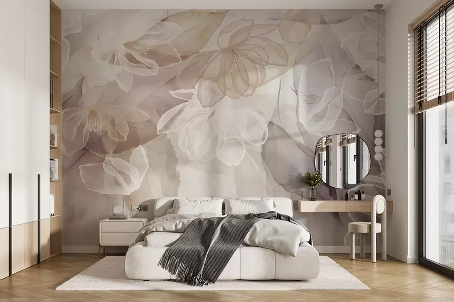 Wall Mural Photo Wallpaper Flowers and leaves with transparent petals in shades of white, beige and purple, soft and delicate w09158
