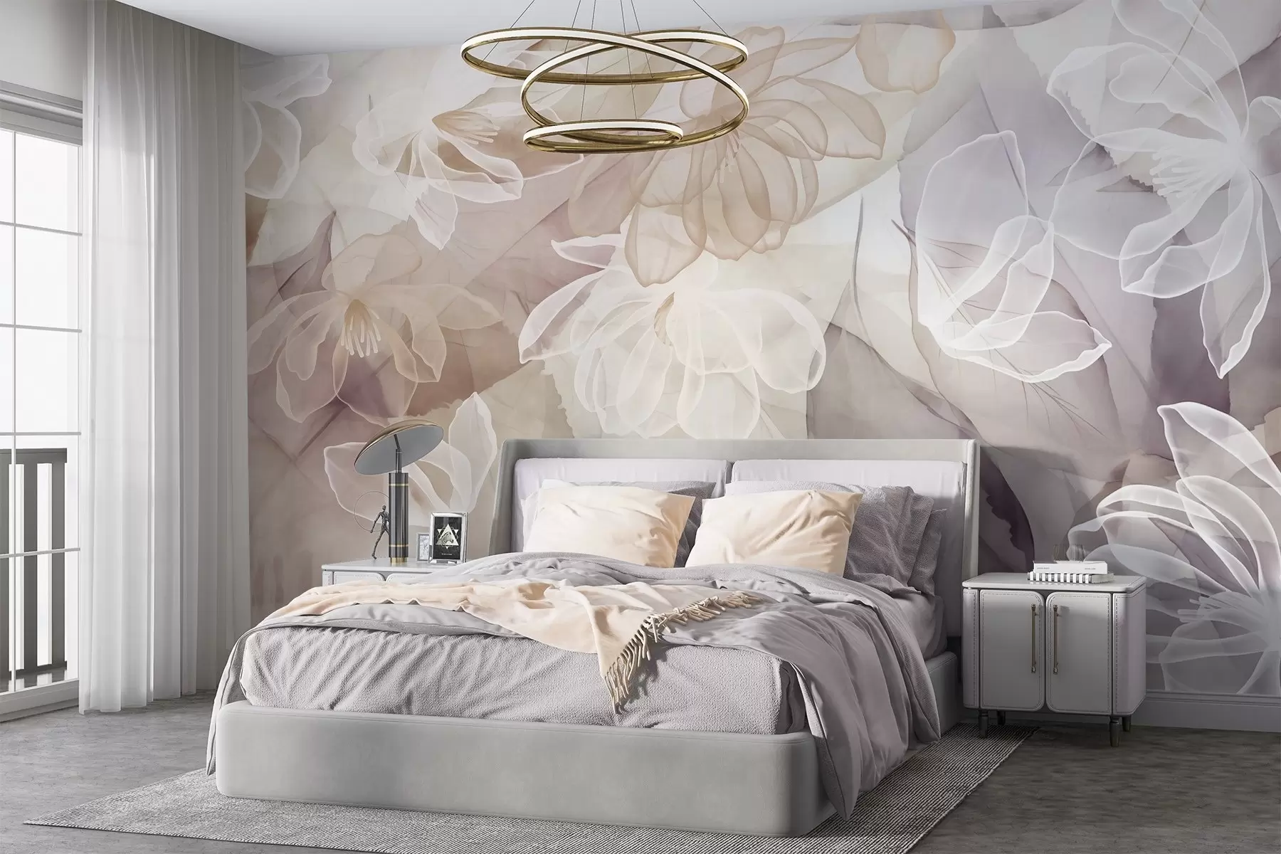 murales Flores y hojas con pétalos transparentes en tonos blancos, beige y morados, suaves y delicados w09158