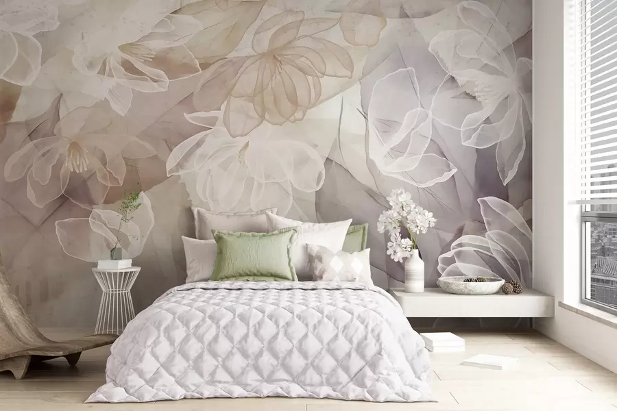 wall murals Flowers and leaves with transparent petals in shades of white, beige and purple, soft and delicate w09158