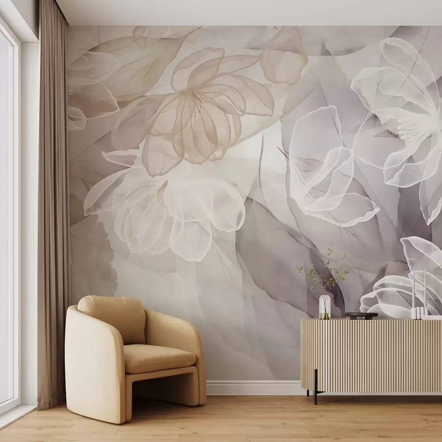 murales Flores y hojas con pétalos transparentes en tonos blancos, beige y morados, suaves y delicados w09158