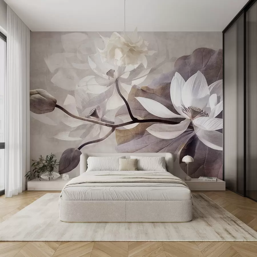 peintures murales Fleurs de lotus délicates avec feuilles et tiges dans une palette de couleurs douces et beiges w09159