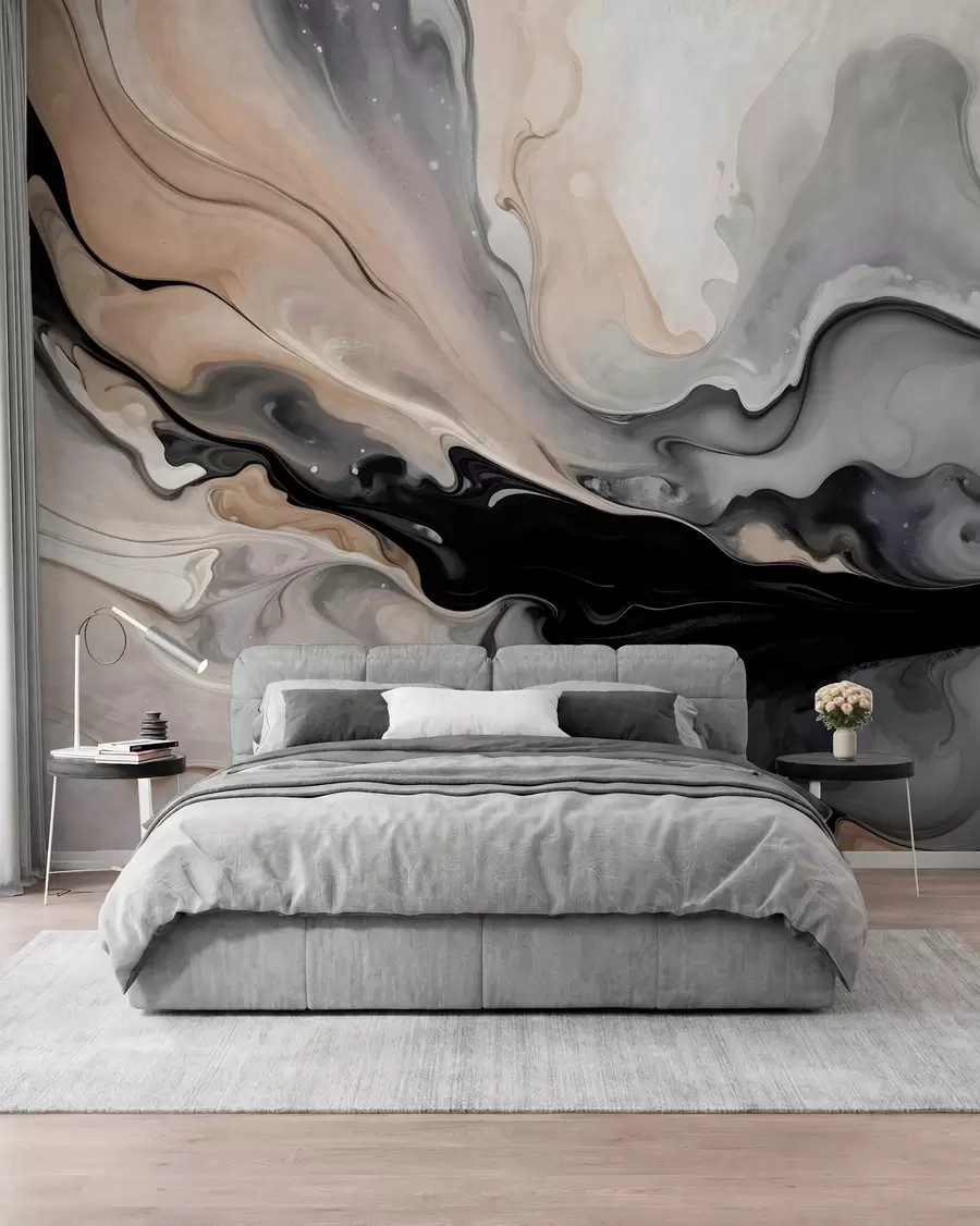 peintures murales Peinture abstraite à la texture fluide dans des tons de noir, blanc, gris et beige imitation marbre w09160