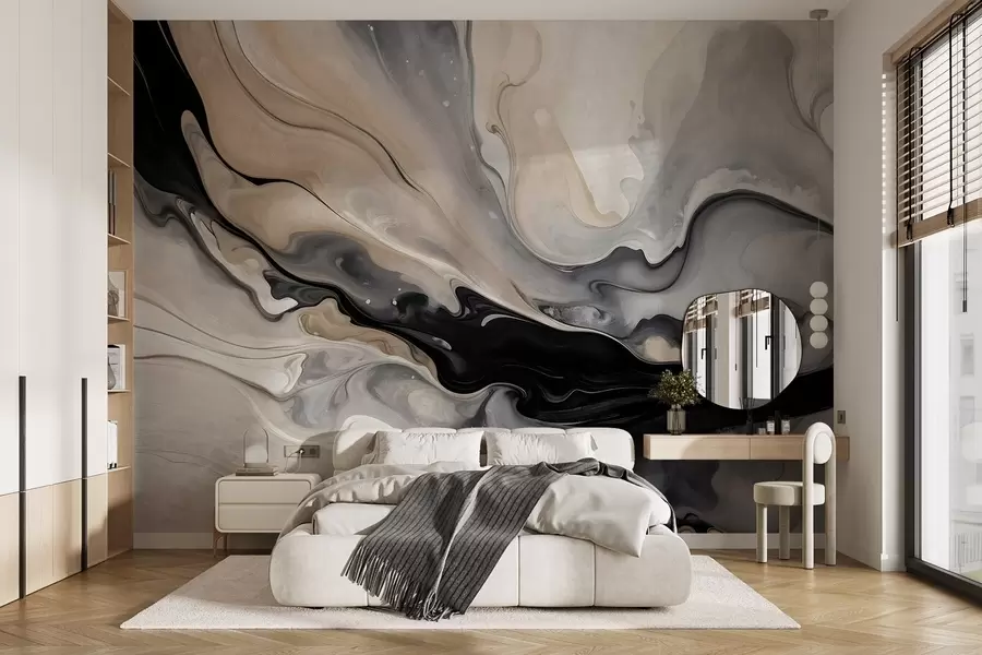 murales Pintura abstracta de textura fluida en tonos negros, blancos, grises y beige imitación mármol w09160