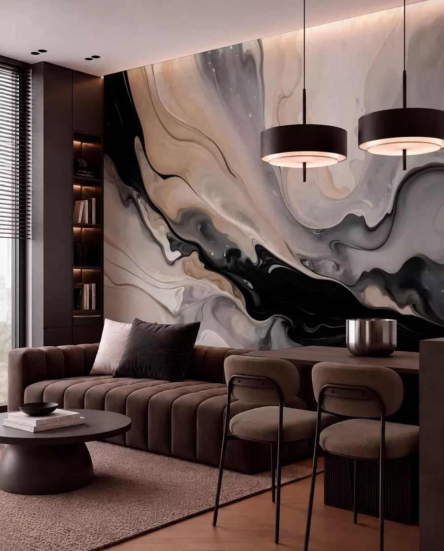 Wall Mural Photo Wallpaper Abstract fluid textured painting in shades of black, white, gray, and beige marble imitation w09160