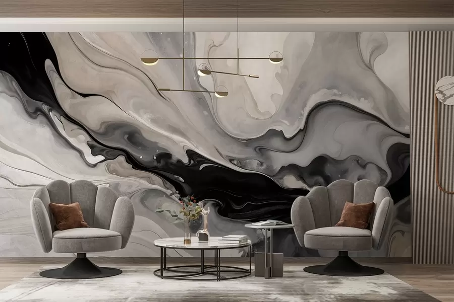 Wall Mural Photo Wallpaper Abstract fluid textured painting in shades of black, white, gray, and beige marble imitation w09160