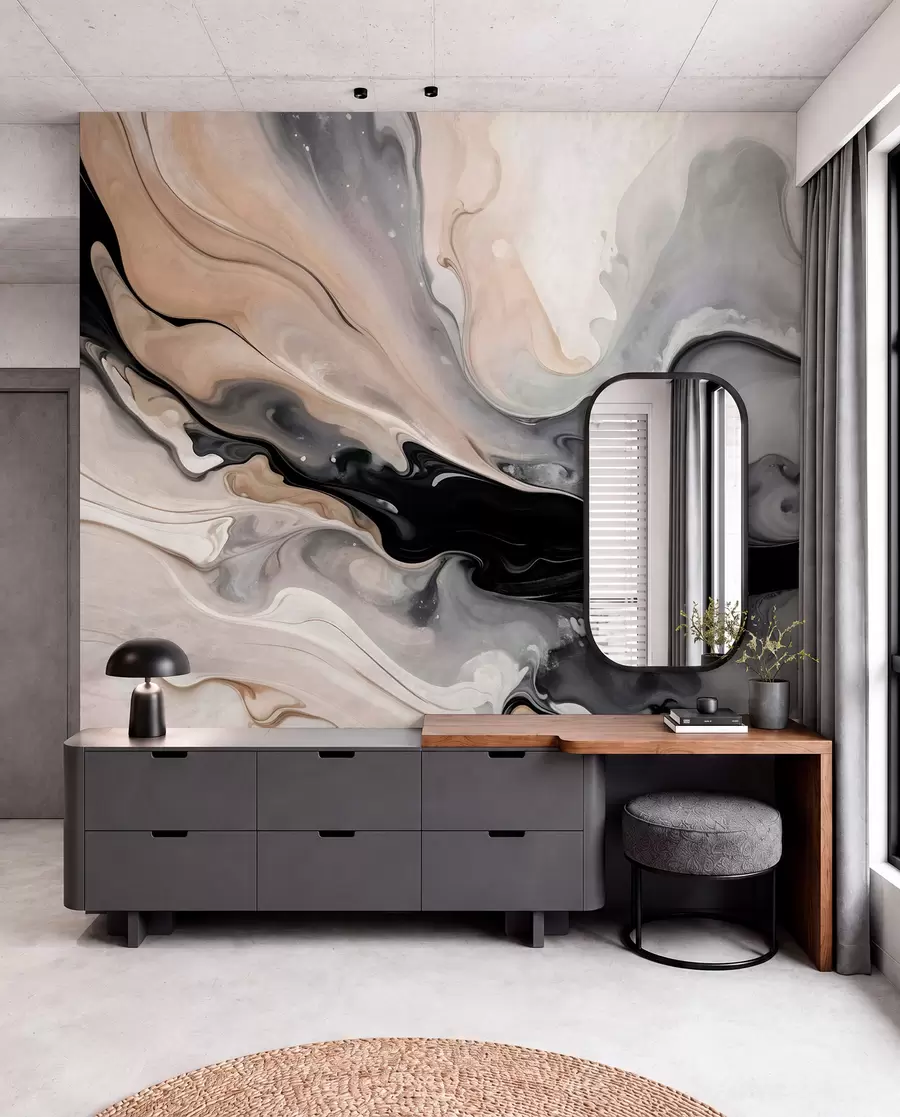 Wall Mural Photo Wallpaper Abstract fluid textured painting in shades of black, white, gray, and beige marble imitation w09160