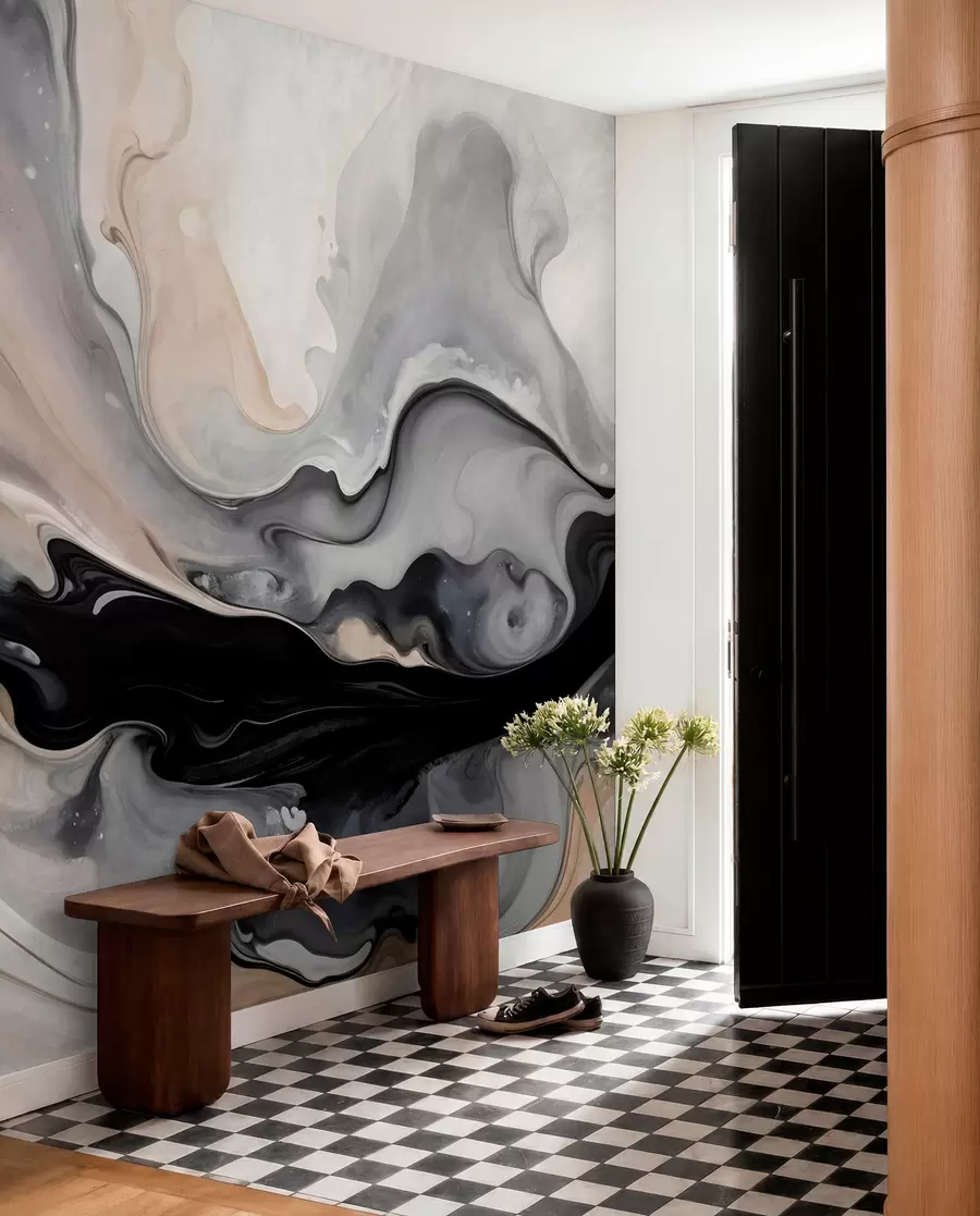 peintures murales Peinture abstraite à la texture fluide dans des tons de noir, blanc, gris et beige imitation marbre w09160