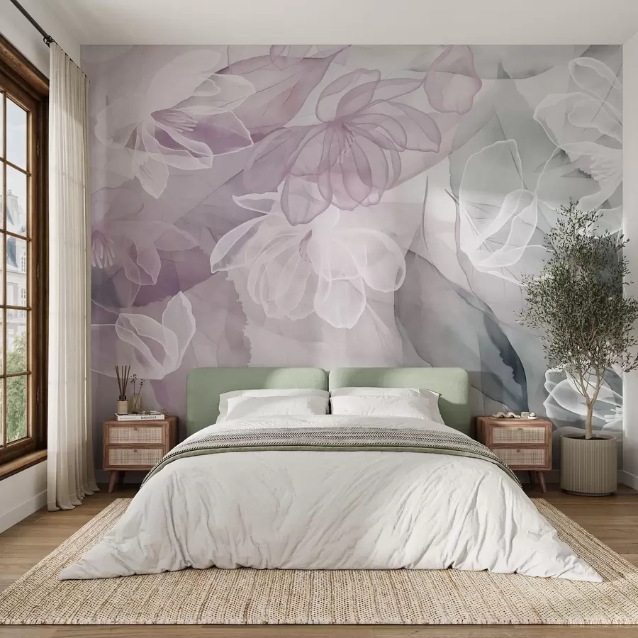wall murals Flowers and leaves with transparent petals in shades of white, pink and green, soft and delicate w09158v1