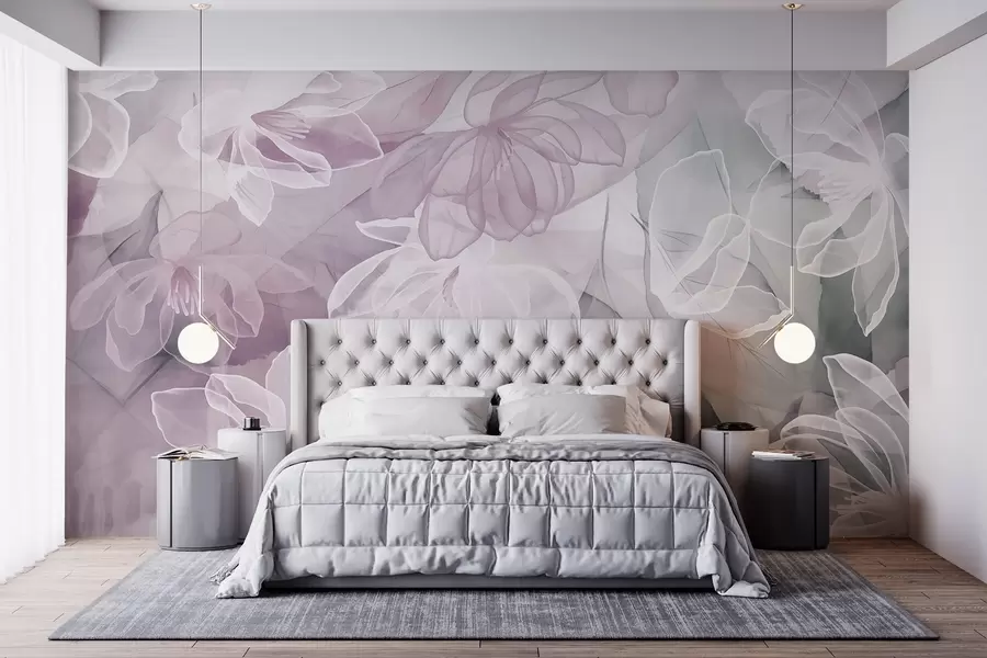 Wall Mural Photo Wallpaper Flowers and leaves with transparent petals in shades of white, pink and green, soft and delicate w09158v1