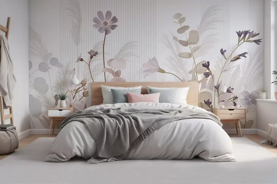 murais de parede Flores em tons pastel, folhas castanhas claras, fundo branco com linhas verticais, elegante e minimalista  w09161