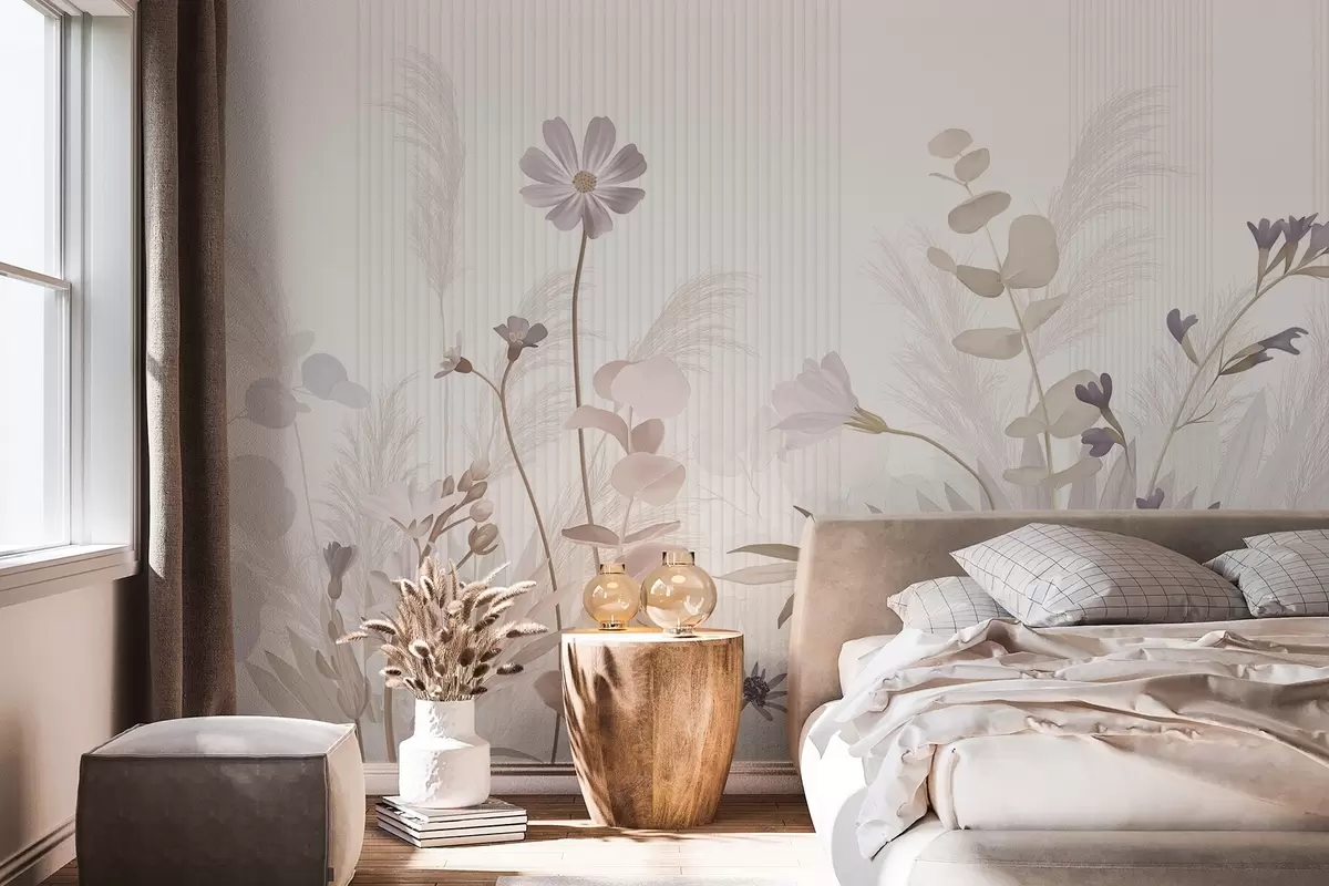 wall murals Flowers in pastel colors, light brown leaves, white background with vertical lines, elegant and minimalist w09161
