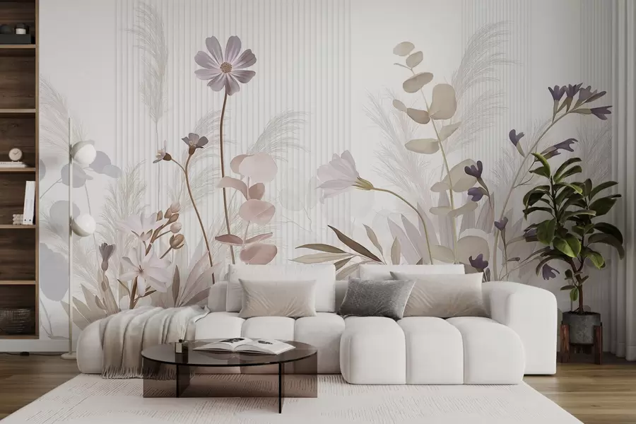 murales Flores en colores pastel, hojas marrón claro, fondo blanco con líneas verticales, elegante y minimalista w09161