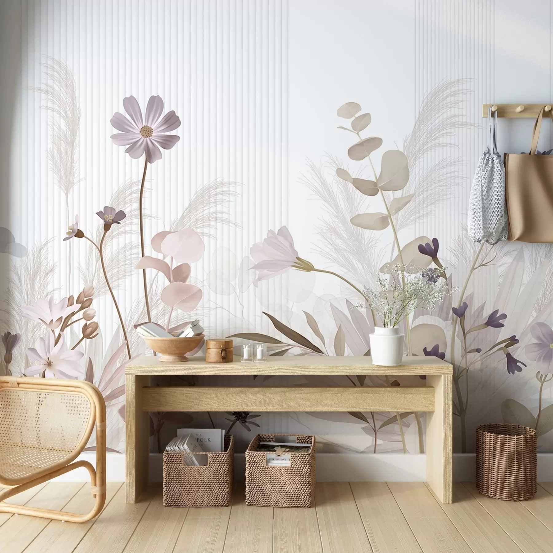murais de parede Flores em tons pastel, folhas castanhas claras, fundo branco com linhas verticais, elegante e minimalista  w09161
