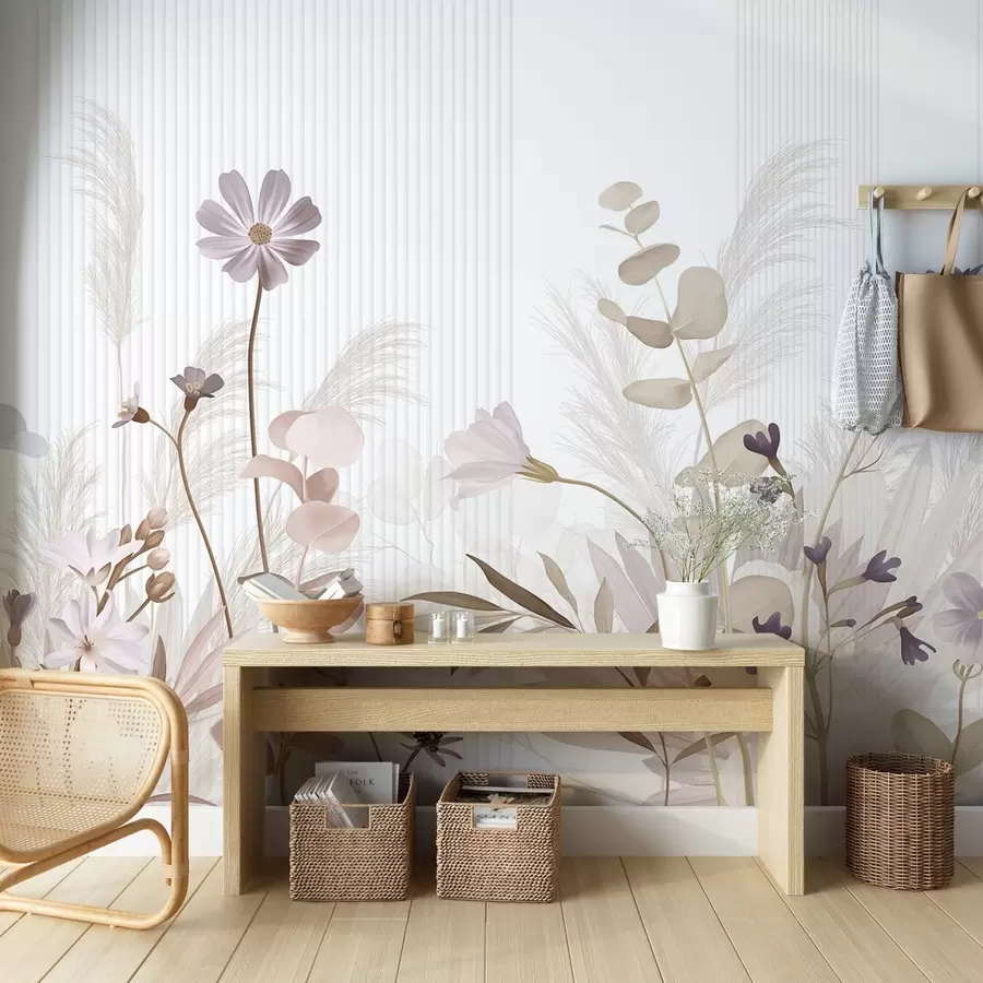 wall murals Flowers in pastel colors, light brown leaves, white background with vertical lines, elegant and minimalist w09161